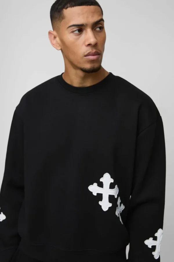 boohooMAN Oversized Boxy Gothic Cross Applique Sweatshirt | Hoodies & Sweats