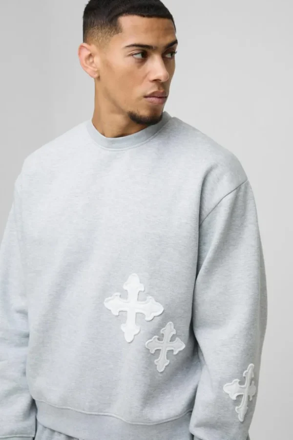 boohooMAN Oversized Boxy Gothic Cross Applique Sweatshirt | Hoodies & Sweats