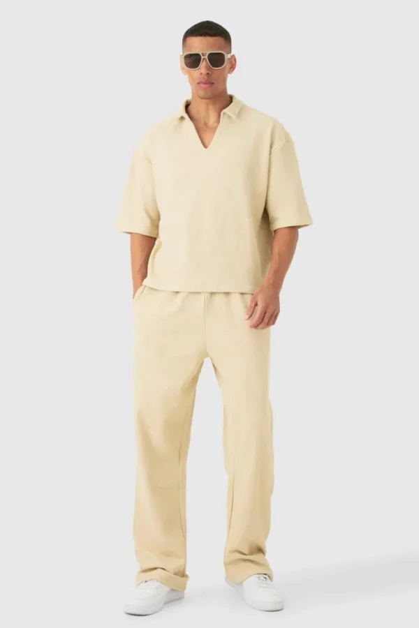 boohooMAN Oversized Boxy Half Sleeve V Neck Polo And Trouser Set | Sets & Coords