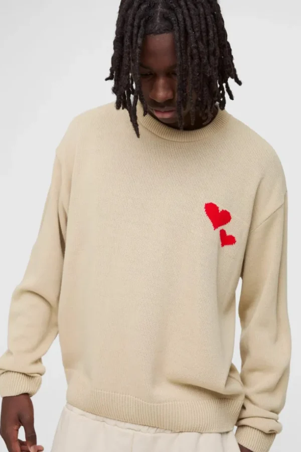 boohooMAN Oversized Boxy Heart Embroidered Knitted Jumper | Knitwear | Going Out Knitwear