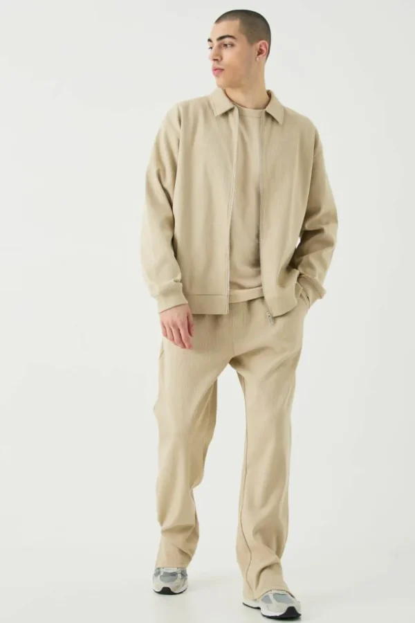 boohooMAN Oversized Boxy Heavyweight Ribbed Harrington Set | Tracksuits