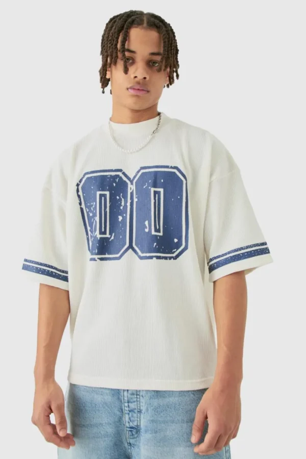 boohooMAN Oversized Boxy Heavyweight Waffle Varsity T-shirt | Going Out