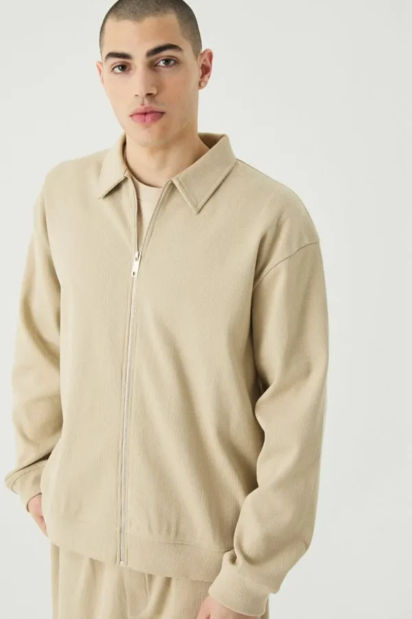 boohooMAN Oversized Boxy Heavyweight Ribbed Harrington Set | Tracksuits