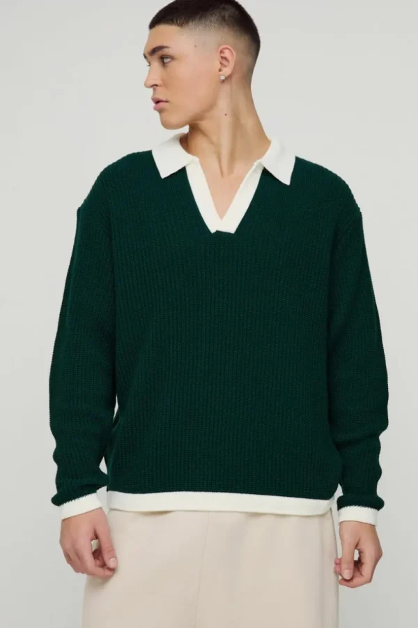 boohooMAN Oversized Boxy Knitted Revere Contrast Polo | Going Out Polo Shirts | Knitwear