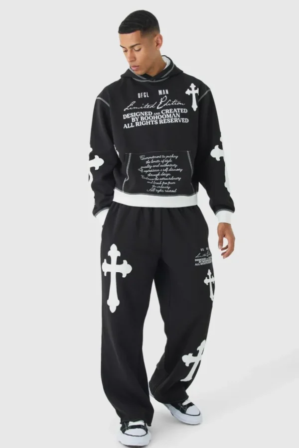 boohooMAN Oversized Boxy Limited Edition Cross Applique Hoodie and Jogger Tracksuit | Tracksuits