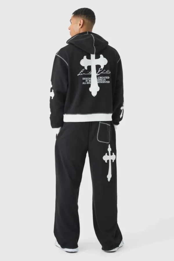 boohooMAN Oversized Boxy Limited Edition Cross Applique Hoodie and Jogger Tracksuit | Tracksuits