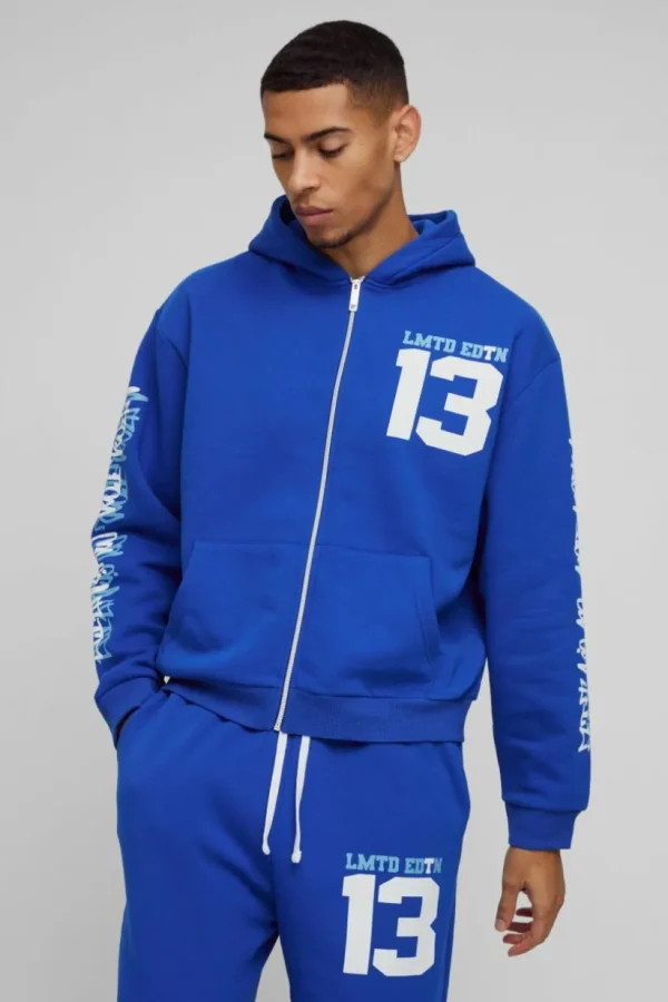 boohooMAN Oversized Boxy Limited Varsity Graffiti Zip Through Hooded Tracksuit | Tracksuits