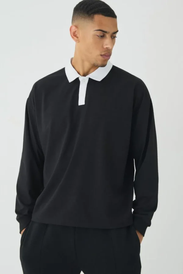 boohooMAN Oversized Boxy Long Sleeve Contrast Polo | Going Out Polo Shirts