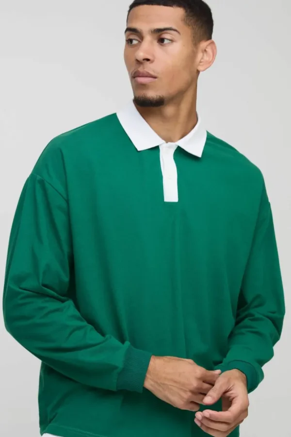 boohooMAN Oversized Boxy Long Sleeve Contrast Polo | Going Out Polo Shirts