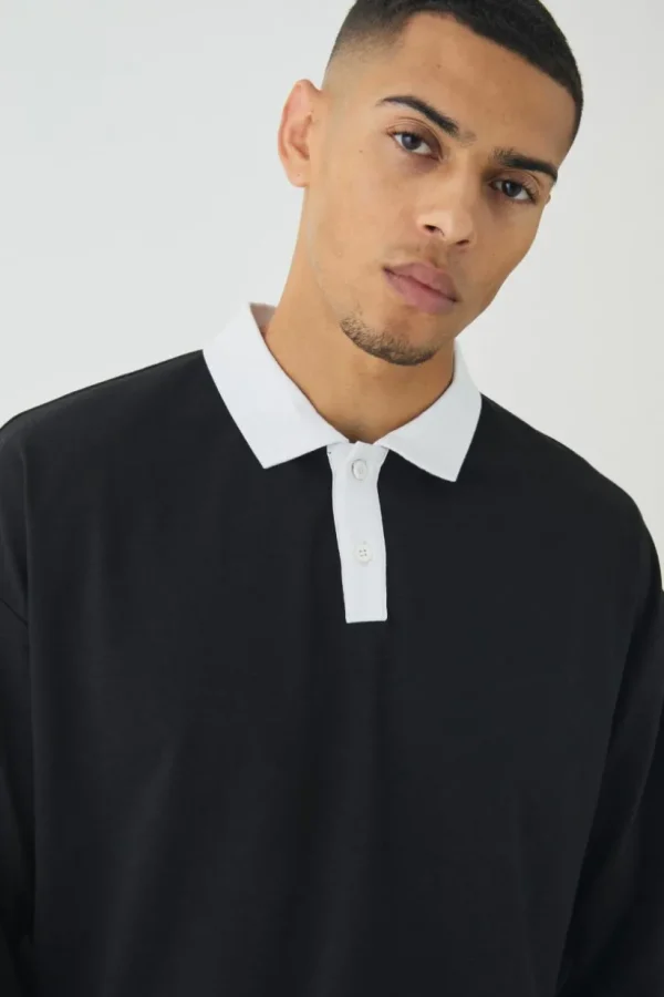 boohooMAN Oversized Boxy Long Sleeve Contrast Polo | Going Out Polo Shirts