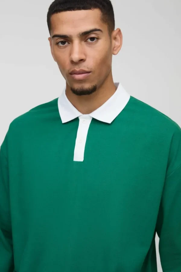 boohooMAN Oversized Boxy Long Sleeve Contrast Polo | Going Out Polo Shirts