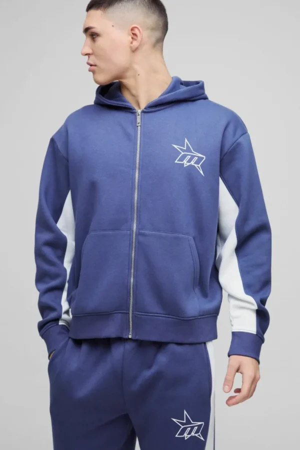 boohooMAN Oversized Boxy M Star Panelled Zip Through Hoodie | Hoodies & Sweats