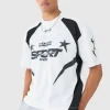 boohooMAN Oversized Boxy Moto Print Extended Neck T-shirt | T-Shirts