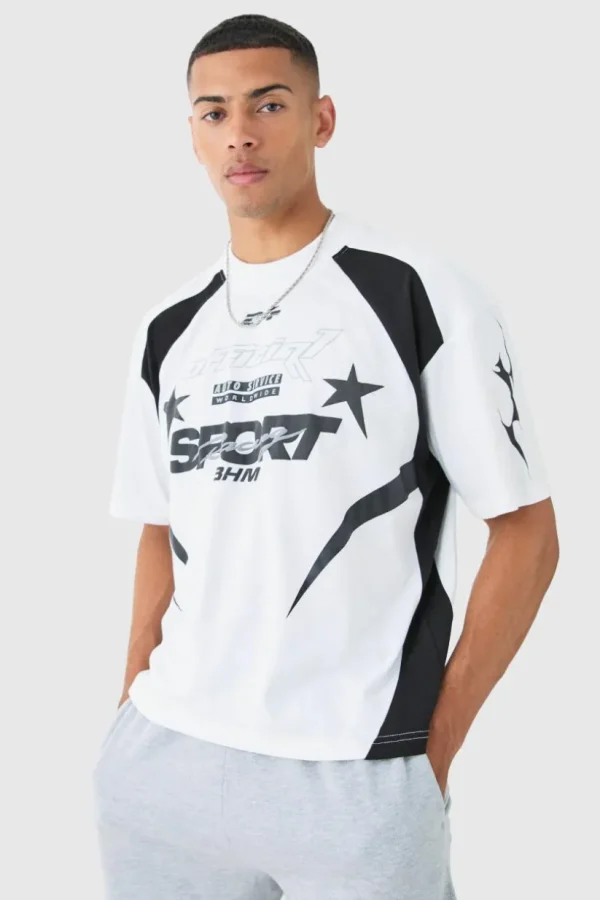 boohooMAN Oversized Boxy Moto Print Extended Neck T-shirt | T-Shirts