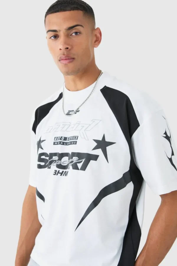 boohooMAN Oversized Boxy Moto Print Extended Neck T-shirt | T-Shirts