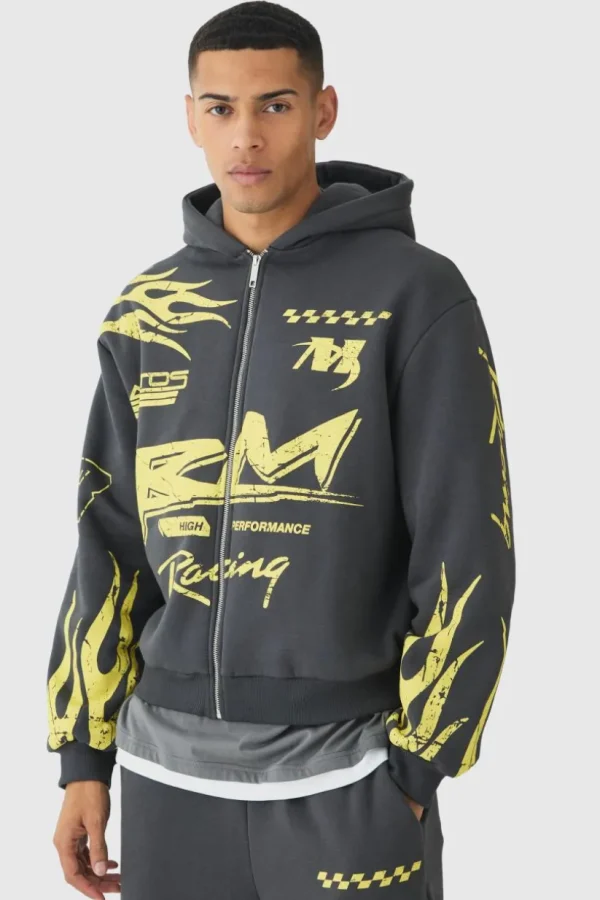 boohooMAN Oversized Boxy Moto Racing Flame Zip Through Hoodie | Hoodies & Sweats