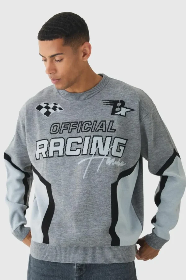 boohooMAN Oversized Boxy Moto Racing Knitted Jumper | Knitwear | Going Out Knitwear