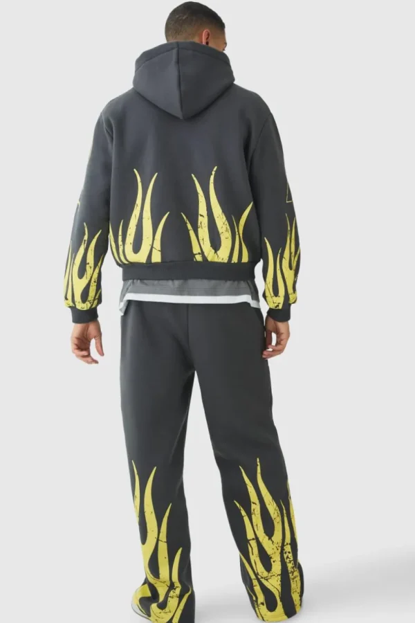 boohooMAN Oversized Boxy Moto Racing Flame Zip Through Hoodie | Hoodies & Sweats