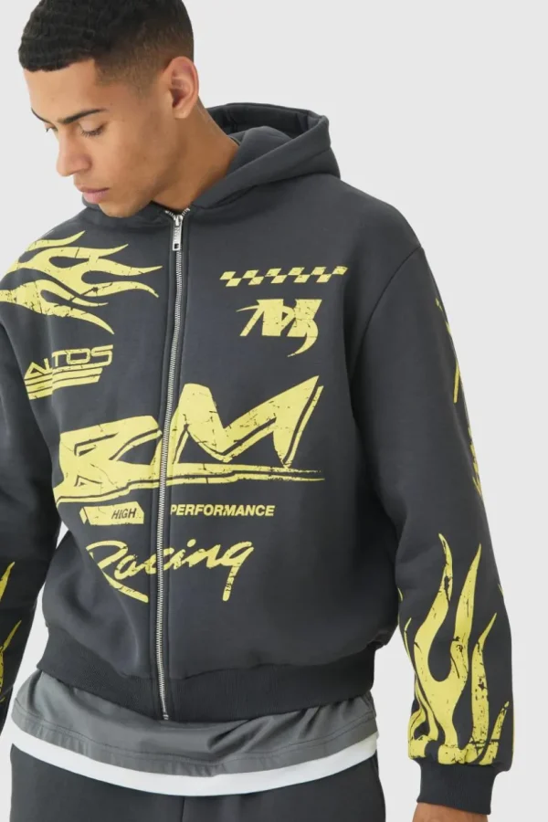 boohooMAN Oversized Boxy Moto Racing Flame Zip Through Hoodie | Hoodies & Sweats