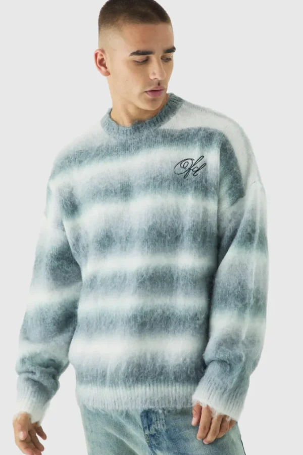 boohooMAN Oversized Boxy OFCL Brushed Ombre Stripe Knitted Embroidered Jumper | Knitwear | Going Out Knitwear