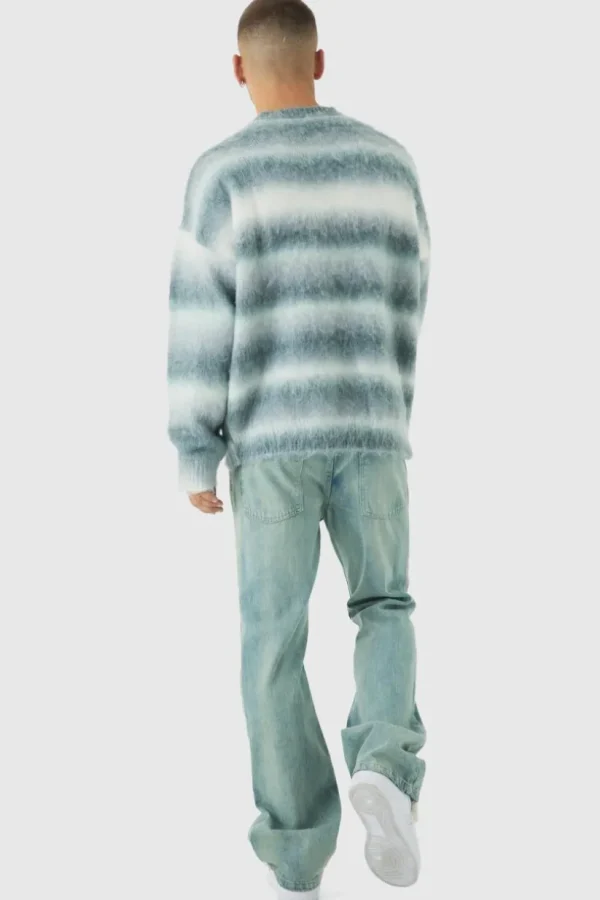 boohooMAN Oversized Boxy OFCL Brushed Ombre Stripe Knitted Embroidered Jumper | Knitwear | Going Out Knitwear