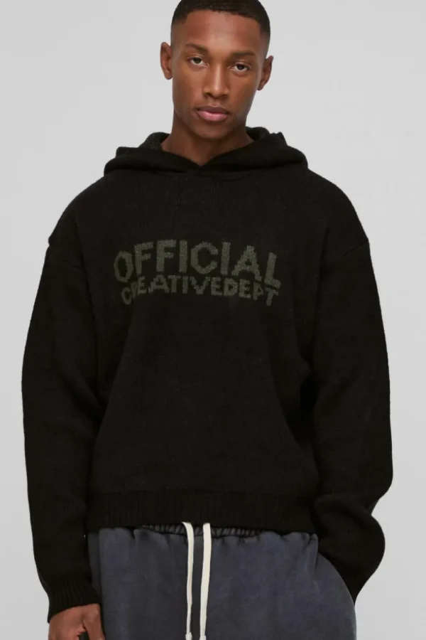 boohooMAN Oversized Boxy Official Slogan Knit Hoodie | Knitwear | Going Out Knitwear