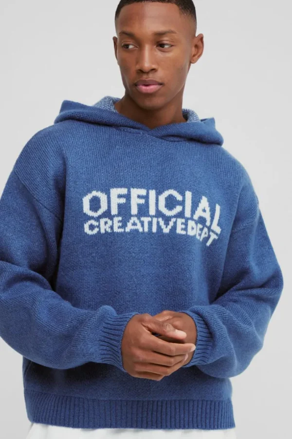 boohooMAN Oversized Boxy Official Slogan Knit Hoodie | Knitwear | Going Out Knitwear