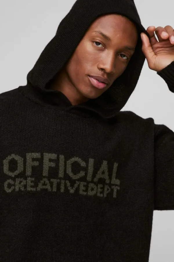 boohooMAN Oversized Boxy Official Slogan Knit Hoodie | Knitwear | Going Out Knitwear