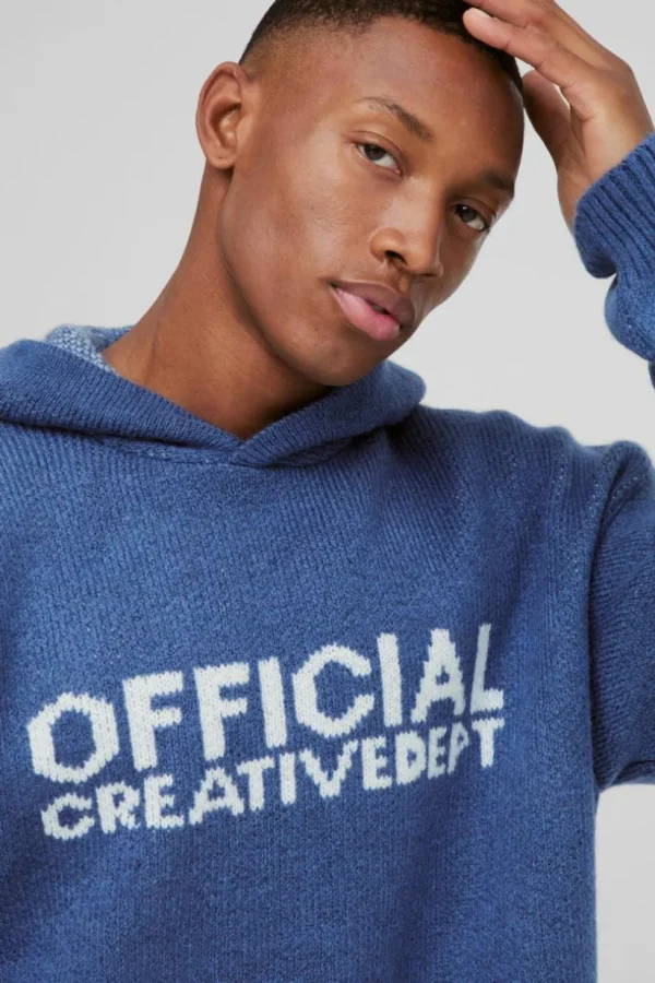 boohooMAN Oversized Boxy Official Slogan Knit Hoodie | Knitwear | Going Out Knitwear