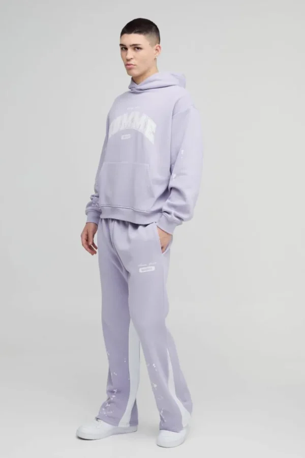 boohooMAN Oversized Boxy Paint Splatter Homme Gusset Tracksuit | Tracksuits