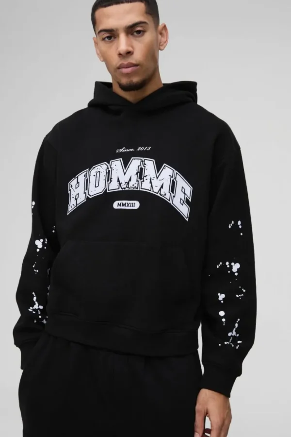 boohooMAN Oversized Boxy Paint Splatter Homme Hoodie | Hoodies & Sweats
