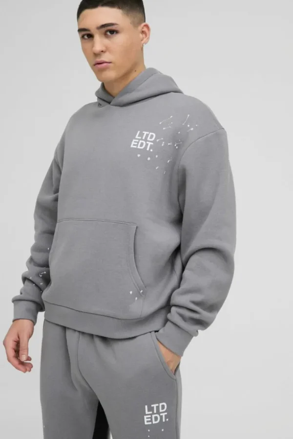 boohooMAN Oversized Boxy Paint Splatter Gusset Hooded Tracksuit | Tracksuits