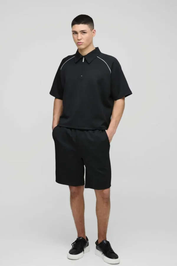 boohooMAN Oversized Boxy Raglan Scuba Polo & Short Set | Sets & Coords