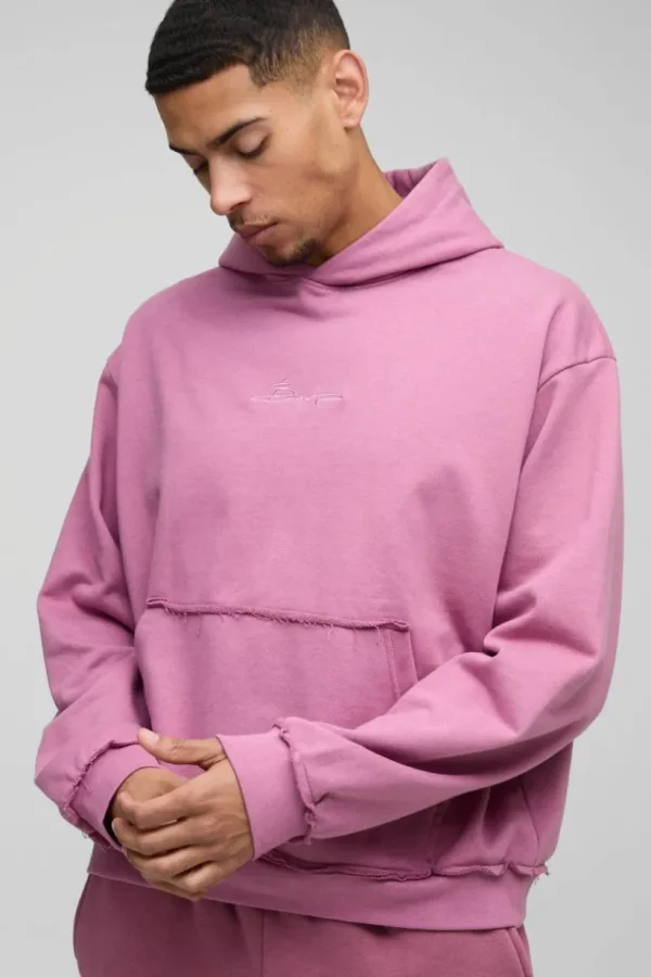 boohooMAN Oversized Boxy Raw Edge Loopback Embroidered Hoodie | Hoodies & Sweats