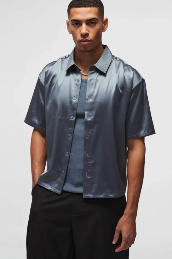 boohooMAN Oversized Boxy Satin Short Sleeve Shirt | Going Out | Shirts