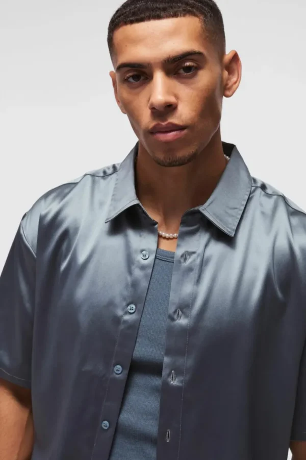 boohooMAN Oversized Boxy Satin Short Sleeve Shirt | Going Out | Shirts