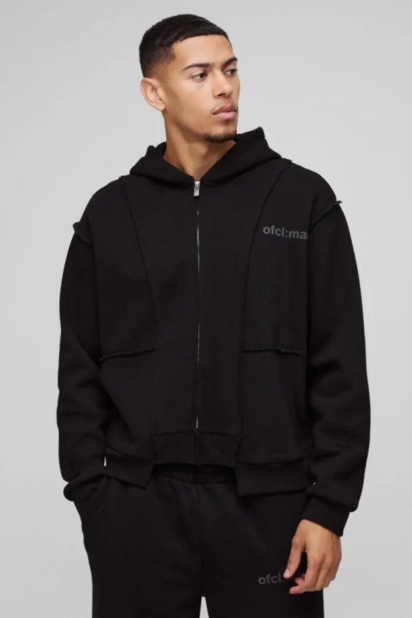 boohooMAN Oversized Boxy Seam Detail Raw Edge Zip Through Hoodie | Hoodies & Sweats