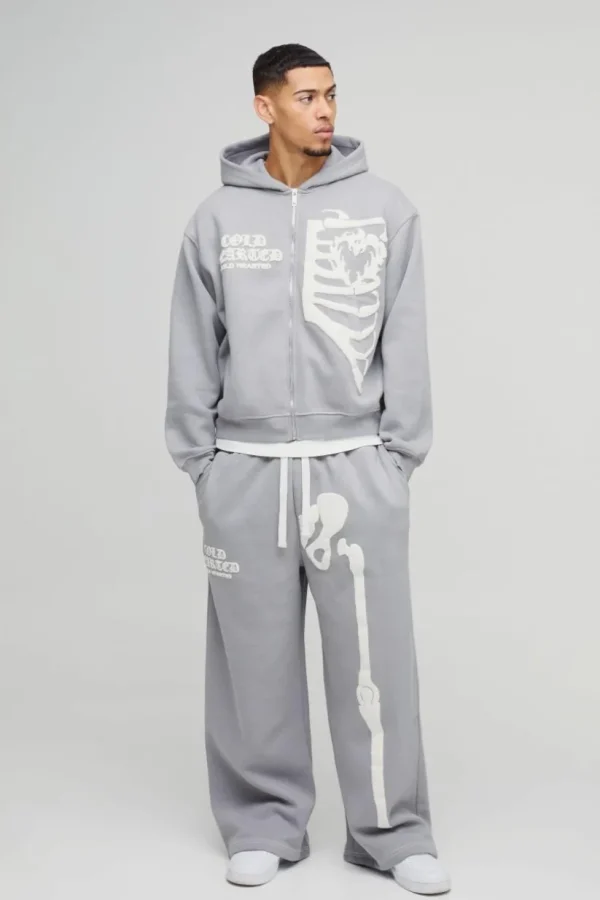 boohooMAN Oversized Boxy Skeleton Puff Print Contrast Stitch Zip Through Hooded Tracksuit | Tracksuits