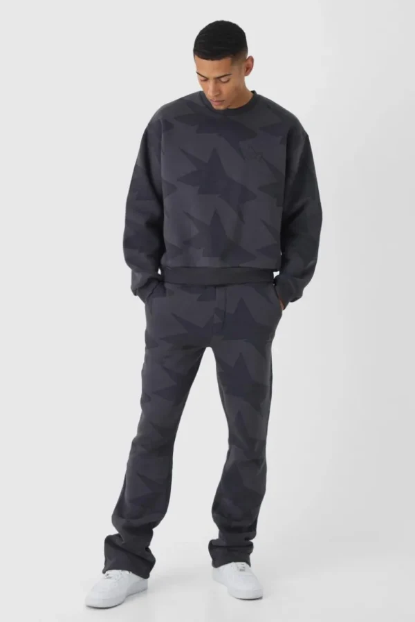 boohooMAN Oversized Boxy Star All Over Printed Sweat Tracksuit | Tracksuits