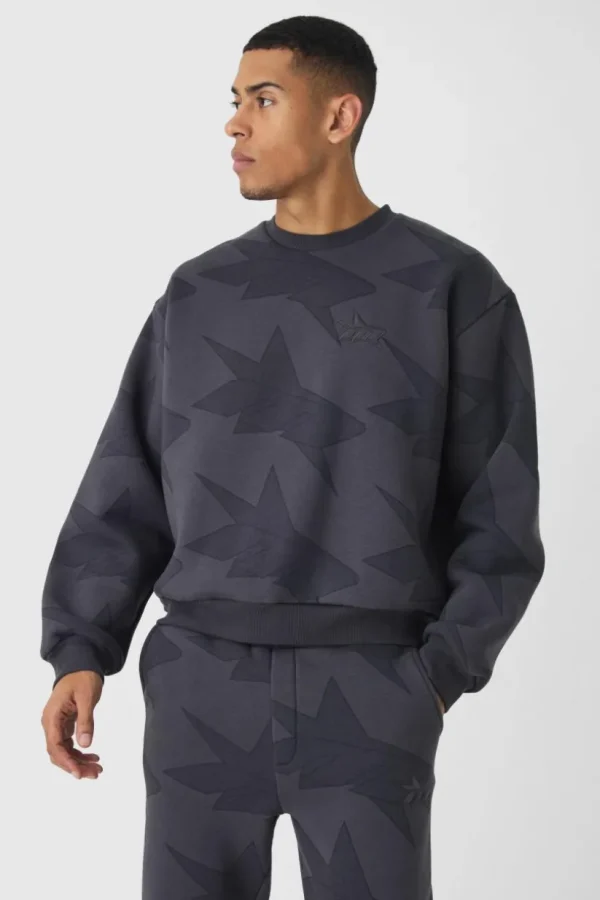 boohooMAN Oversized Boxy Star All Over Printed Sweat Tracksuit | Tracksuits