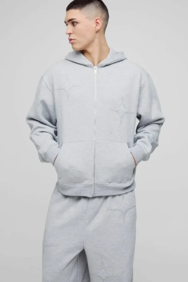 boohooMAN Oversized Boxy Star Applique Zip Through Hooded Tracksuit | Tracksuits