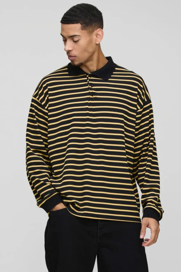 boohooMAN Oversized Boxy Stripe Rib Rugby Polo | Going Out Polo Shirts | Shirts