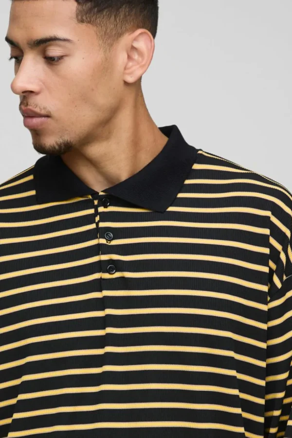 boohooMAN Oversized Boxy Stripe Rib Rugby Polo | Going Out Polo Shirts | Shirts