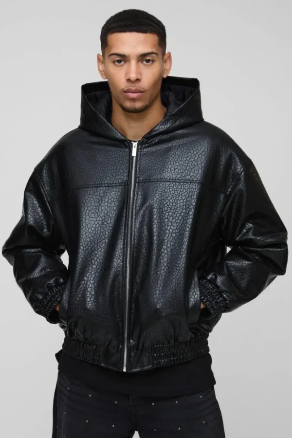 boohooMAN Oversized Boxy Textured PU Hooded Bomber Jacket | Man | Coats & Jackets