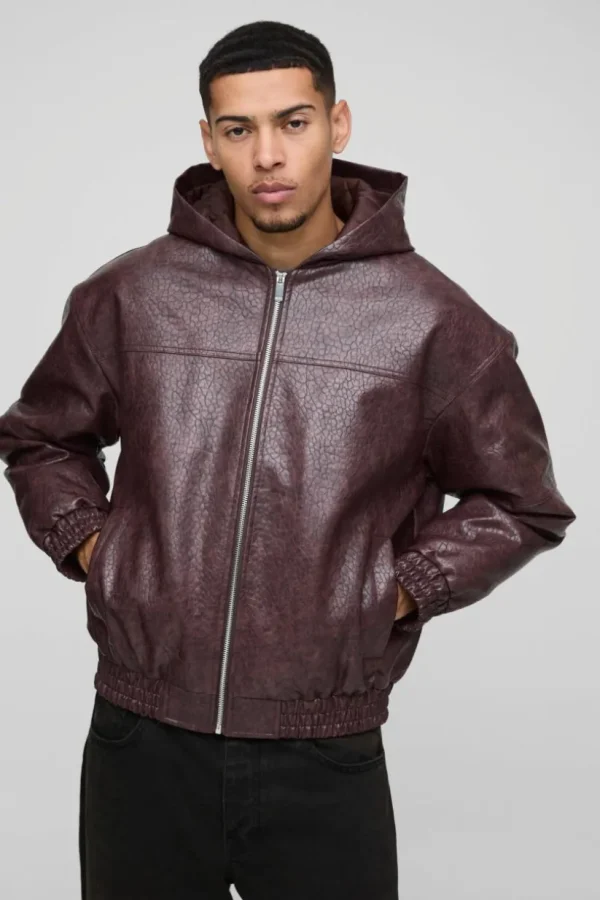 boohooMAN Oversized Boxy Textured PU Hooded Bomber Jacket | Coats & Jackets