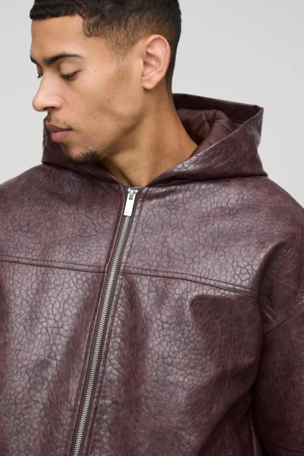 boohooMAN Oversized Boxy Textured PU Hooded Bomber Jacket | Coats & Jackets