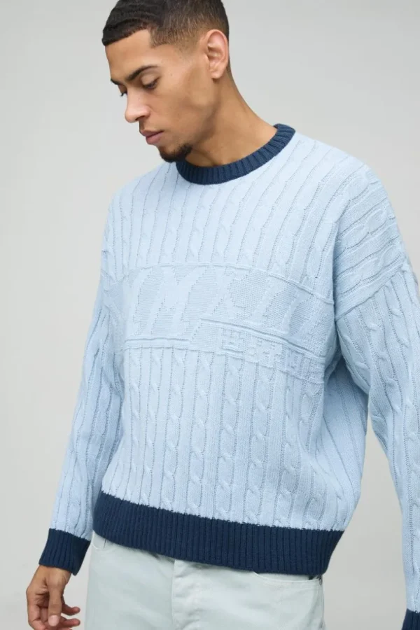 boohooMAN Oversized Boxy Tonal Cable Knitted Jumper | Knitwear | Going Out Knitwear