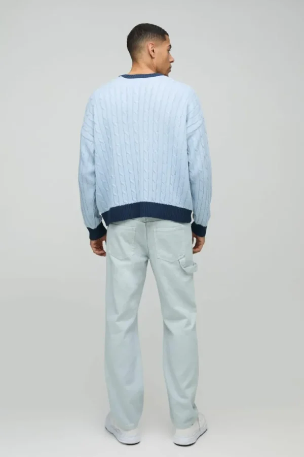 boohooMAN Oversized Boxy Tonal Cable Knitted Jumper | Knitwear | Going Out Knitwear