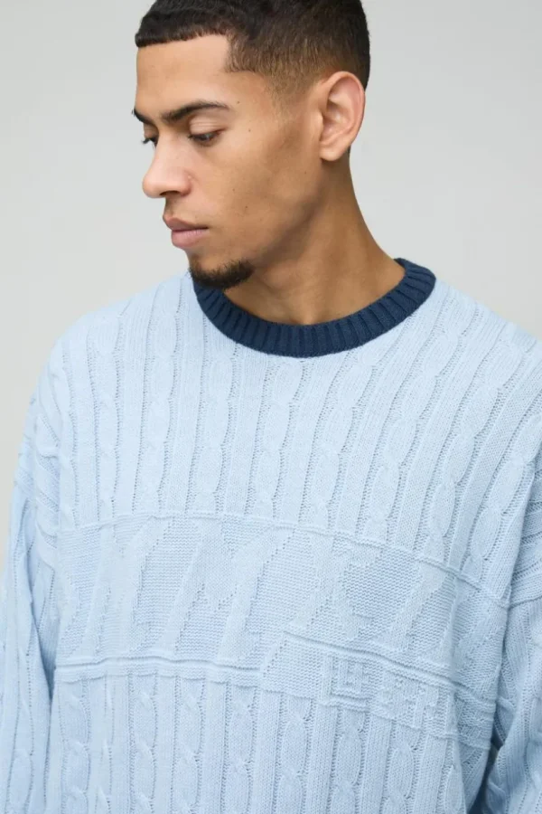 boohooMAN Oversized Boxy Tonal Cable Knitted Jumper | Knitwear | Going Out Knitwear