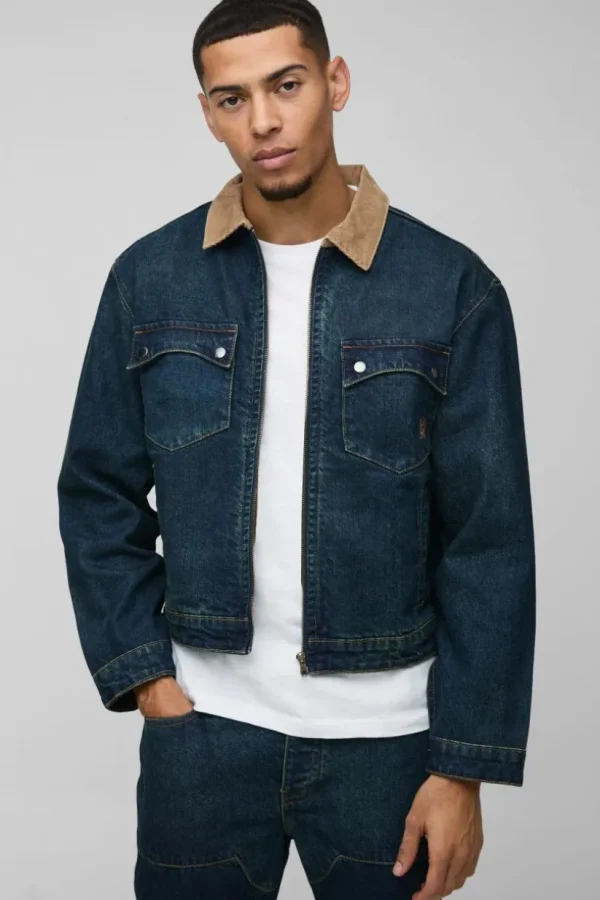 boohooMAN Oversized Boxy Trucker Denim Jacket With Cord Collar | Man | Denim